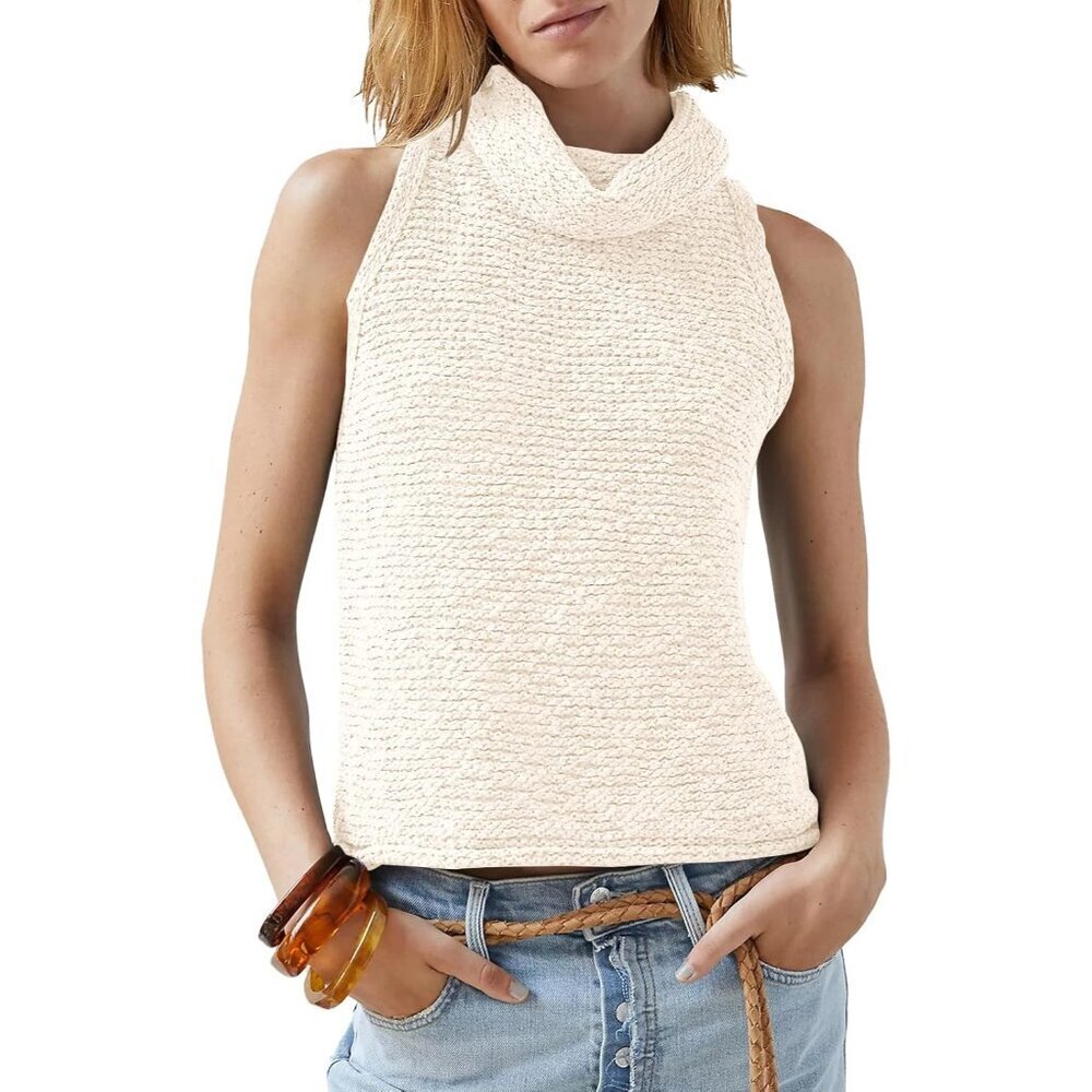 Womens Knit Turtleneck Sweater Vest Sleeveless Loose Casual Tank Top